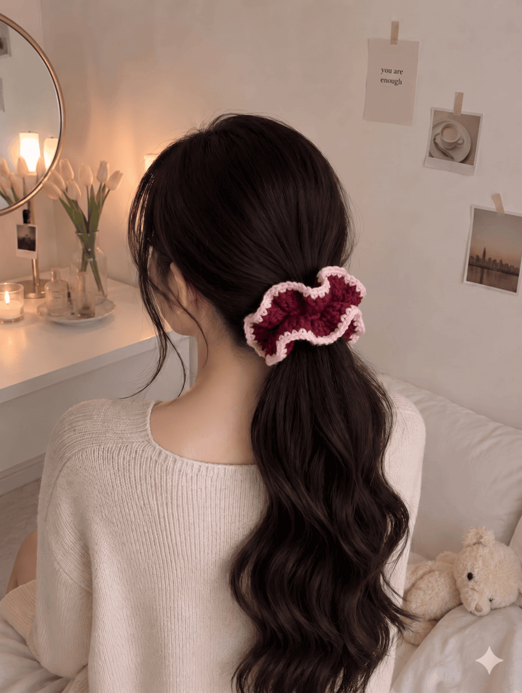 Ruffle Scrunchie - Maroon & Baby Pink